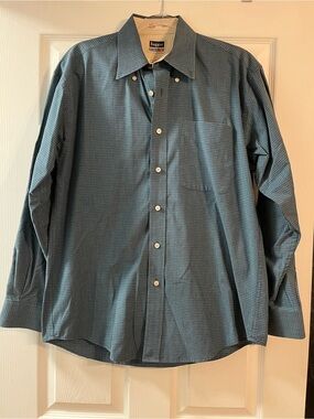 Haggar Teal-Blue Microcheck Long-Sleeve Dress Shirt